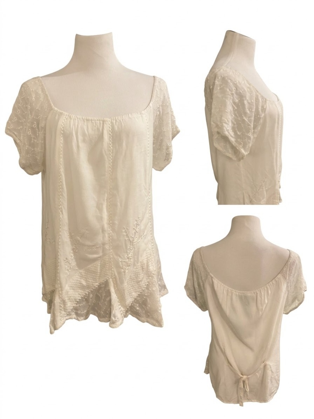 Honey Creek Women's Cream Embroidered Scoop Neck Blouse size M